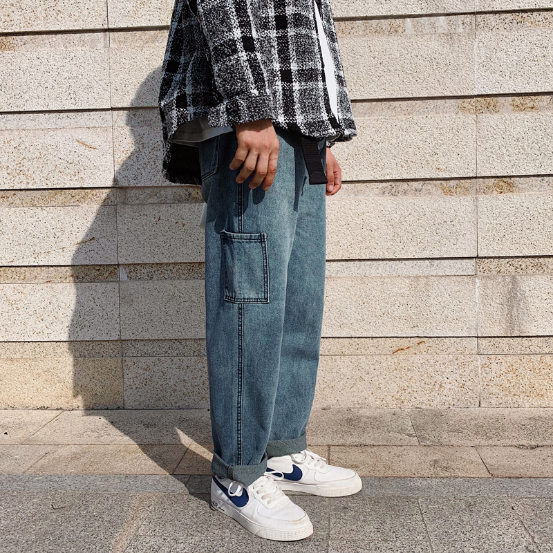 

MIXCUBIC 2019 Autumn Korean style simple Do the old Straight jeans for men casual loose Stitching Jean men size -34, Blue