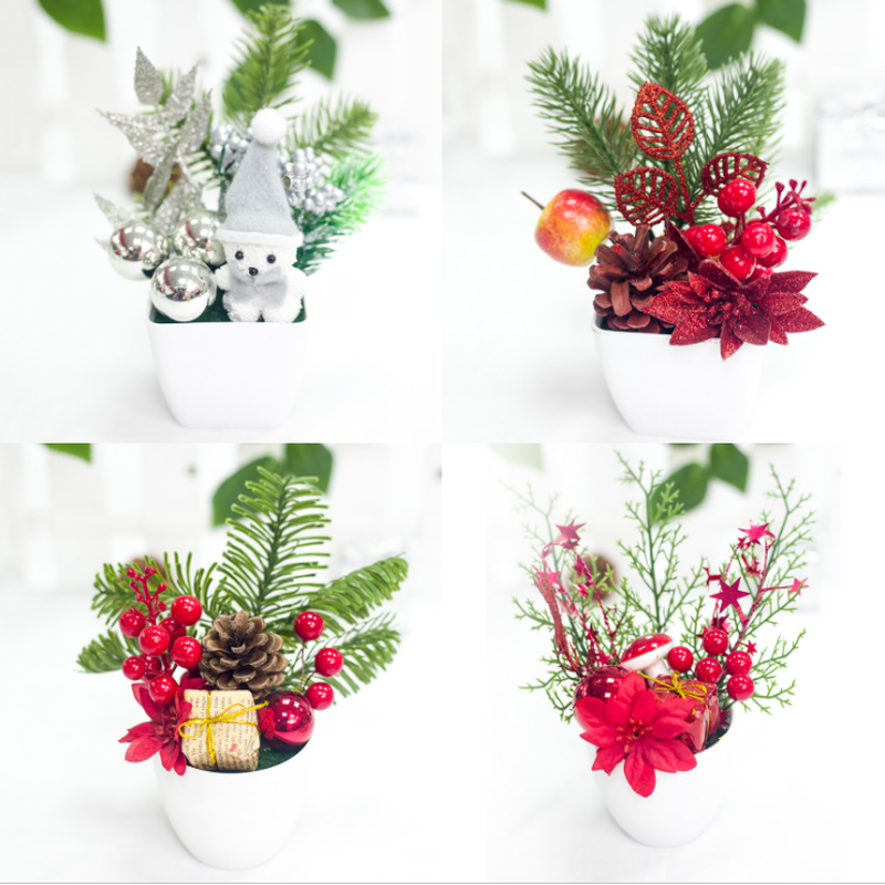 

2019 New Christmas Decorations Christmas Potted Ornaments Creative Gift Bag Pine Cone Red Fruit Bear Table Pendulum Xmas Trees