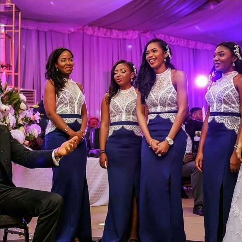 

Vintage Mermaid Long Bridesmaid Dresses For Country Weddings South Navy Blue African Sheer Halter Neck Appliques Long Maid of Honor Gown