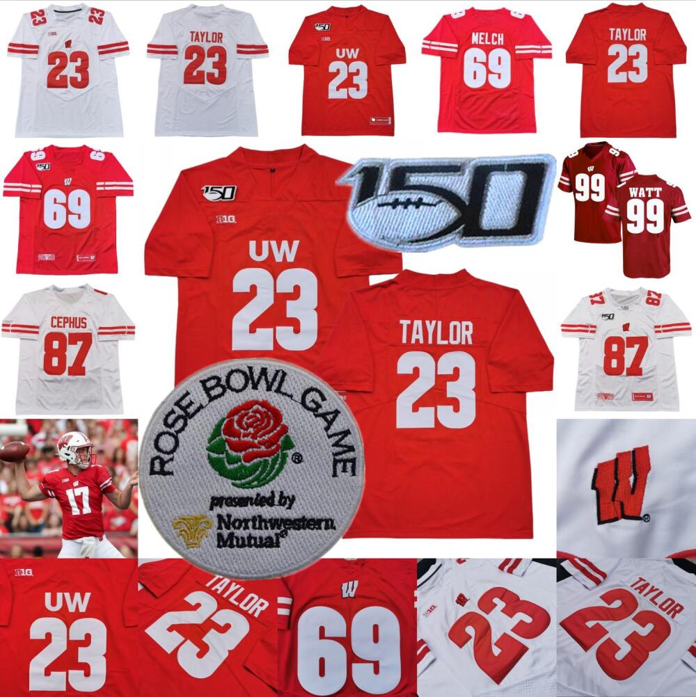 

2020 Wisconsin Badgers Football Jersey Rose Bowl College Jack Coan Jonathan Taylor Quintez Cephus A.J. Taylor Jake Ferguson Zack Baun, With 150th patch