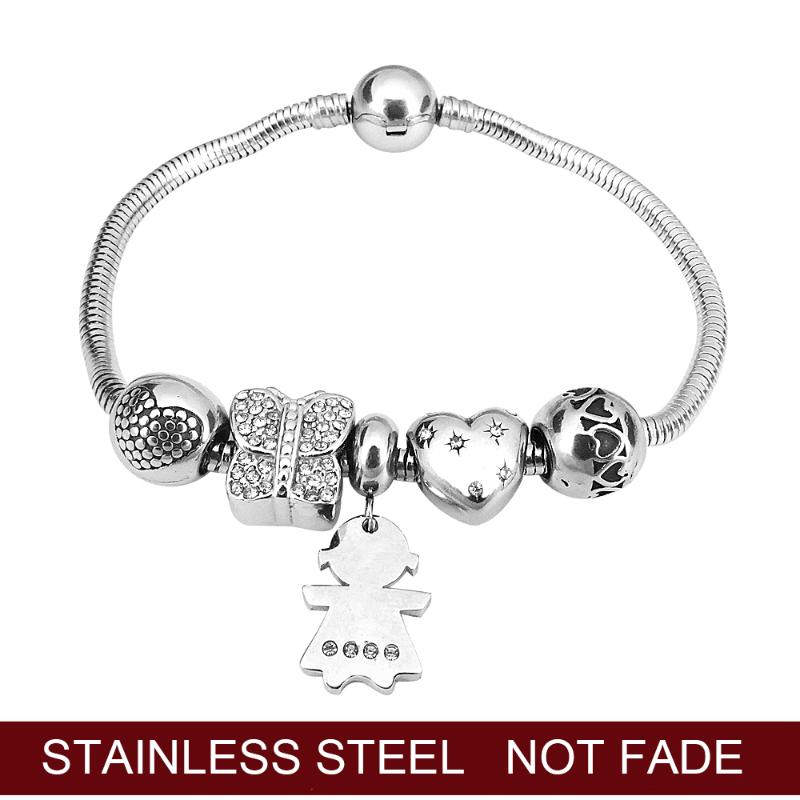 

New Girl Silver Color Butterfly Heart Crystal Charm Bracelet Fit Original European Bracelet DIY Jewelry Pulseras Gift