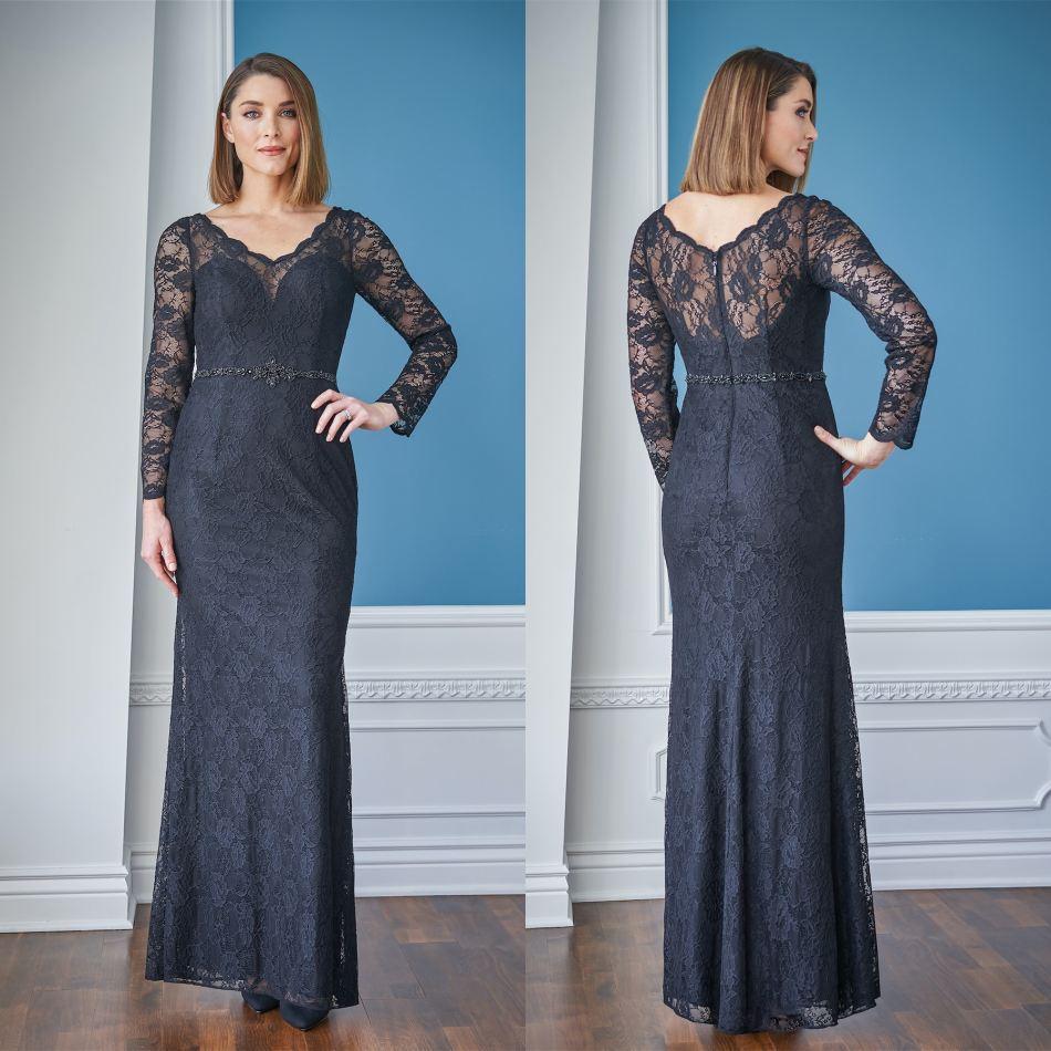 2021 Elegant Lace Mermaid Mother of the Bride Dresses V Neck Long Sleeves Formal Evening Gowns Floor Length Mother Wedding Guest Dress