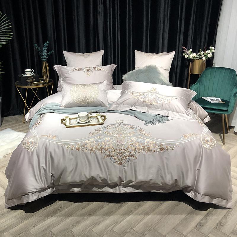 

4/7 Pcs Chic Embroidery Comforter Cover Grey Blue 1000TC Egyptian Cotton QUEEN KING size Bedding set Bed sheet Pillowcase, Color 4