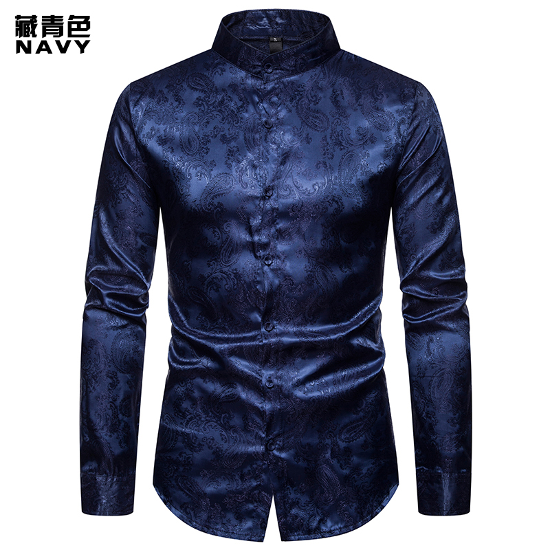 

SHUJIN Stand Collar Shirt Men Long-Sleeved Flower High Quanlity Men's Shirts Casual Slim Fit Irregular Business Camisas Hombre, White