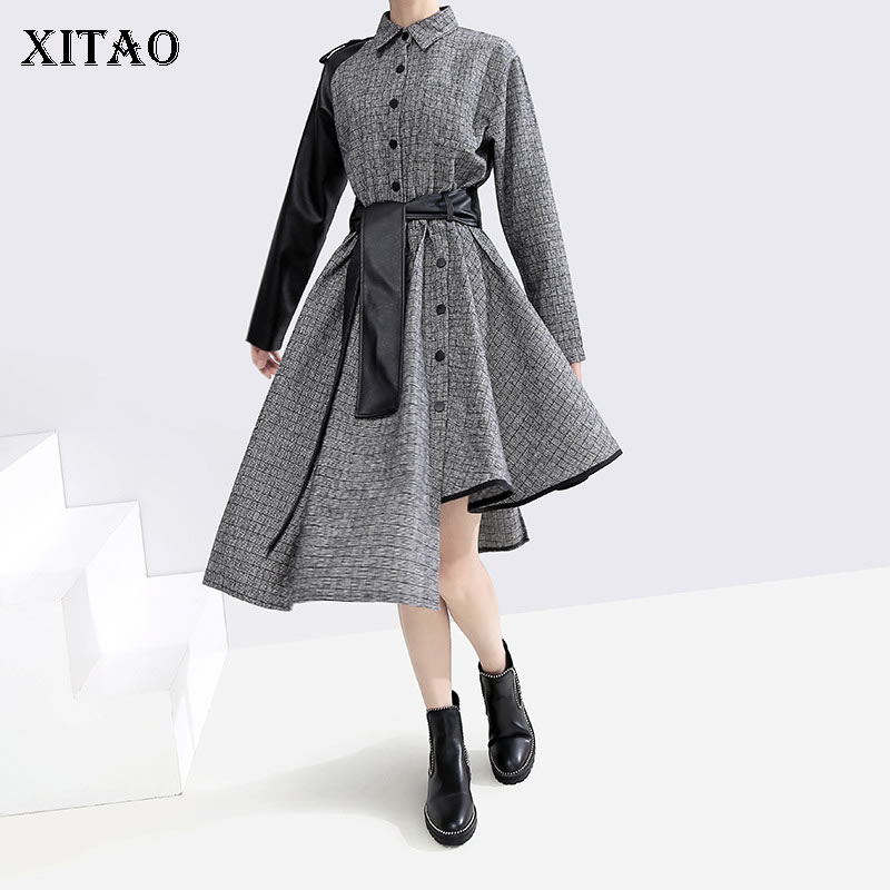 

XITAO Pleated Irregular Dress Single Breast Bandage Patchwork Elegant Small Fresh Turn Down Collar Minority Dress DMY1747, Gray dmy1747
