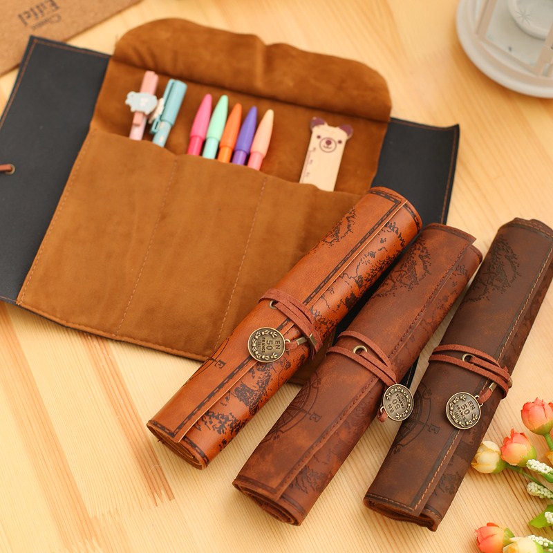 

1PCS PU Leather Creative Retro Luxury Treasure Map Pencil Cases Roll Pen Bag Pouch For Stationery Supplies Cosmetic Bag 04991