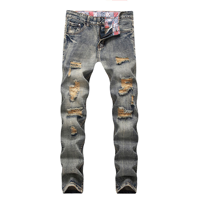 

Men Vintage jeans Casual denim Pants Slim Knee Holes Ripped Scratched Distressed Washed Elastic High Quality Plus size 40 42, T-4014