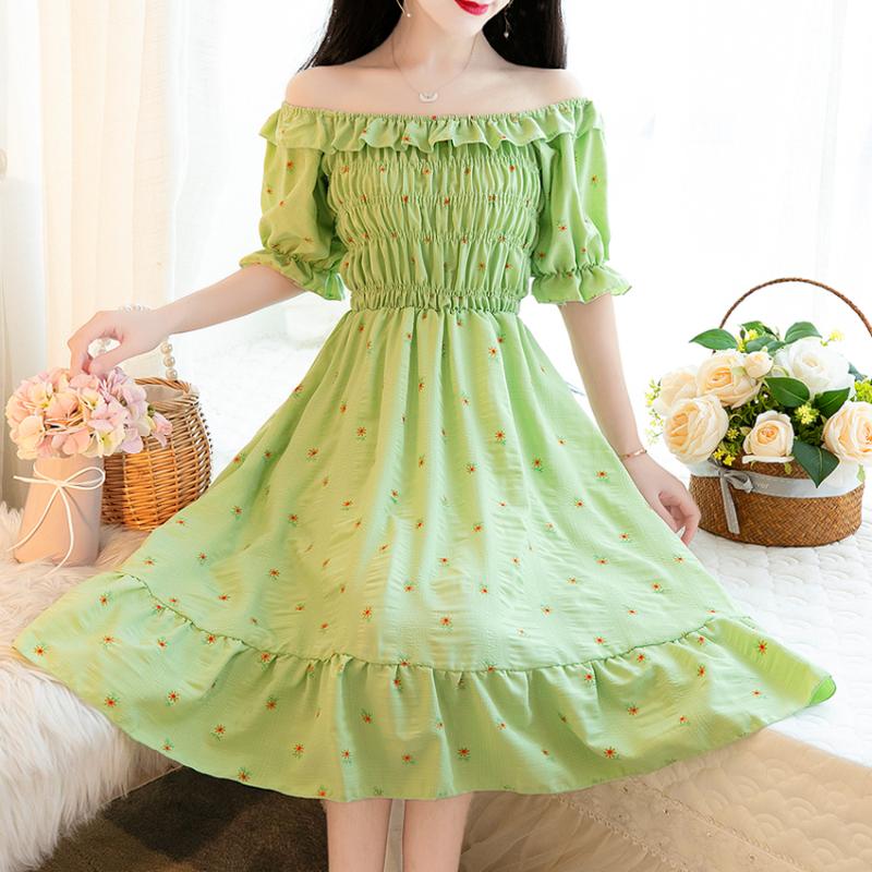 

Flowers Printed Slash Neck Off Shouder Women Summer Dress Solid Vestidos Japanese Cute 2020 Ruffles A-line High Waist Dress, Army green