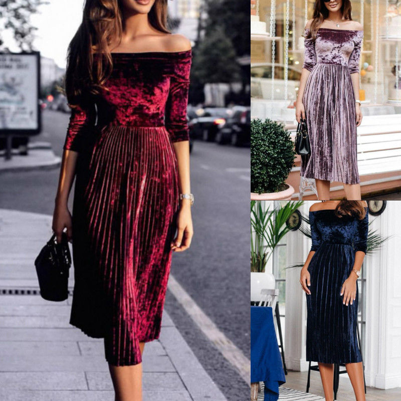 

Fashion Women Dress Off-Shoulder Velvet Formal Dress Evening Party Clubwear Long Sexy Women Clothes, Navy blue