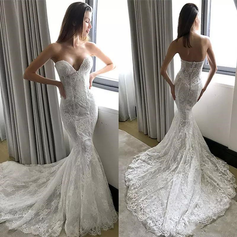 

Pallas Couture Lace Mermaid Wedding Dresses Plus Size Backless Bridal Gowns Sweep Train robe de Wedding Dress, White