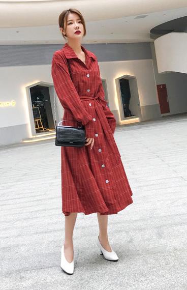 

Women Casual Dress Spring coat retro plaid stripe printing splicing lapel neck lace up one-piece beam waist loose knee-length long trench Dresses, Red