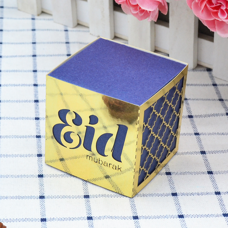 

Navy and gold square combined laser cut eid mubarak candy packing box