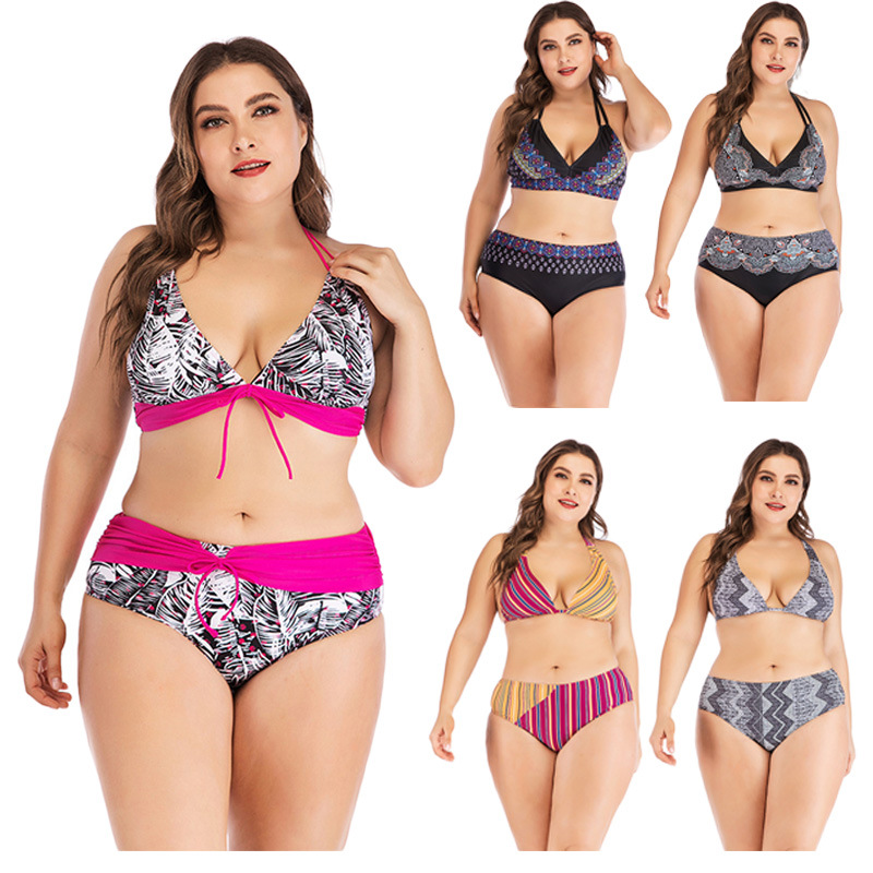 

Plus Size Women's Mid Waisted Bikini Set Lace Up Two Piece Swimsuits Beach Sexy Split Swimsuit, Multi