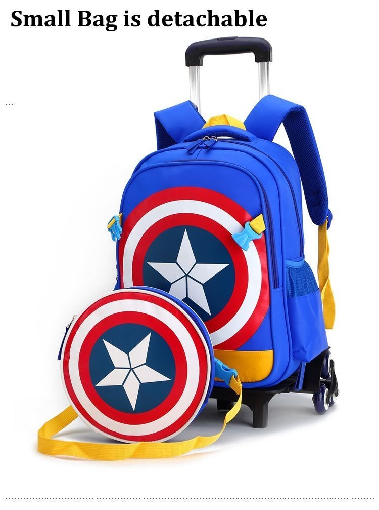 boy rolling book bag