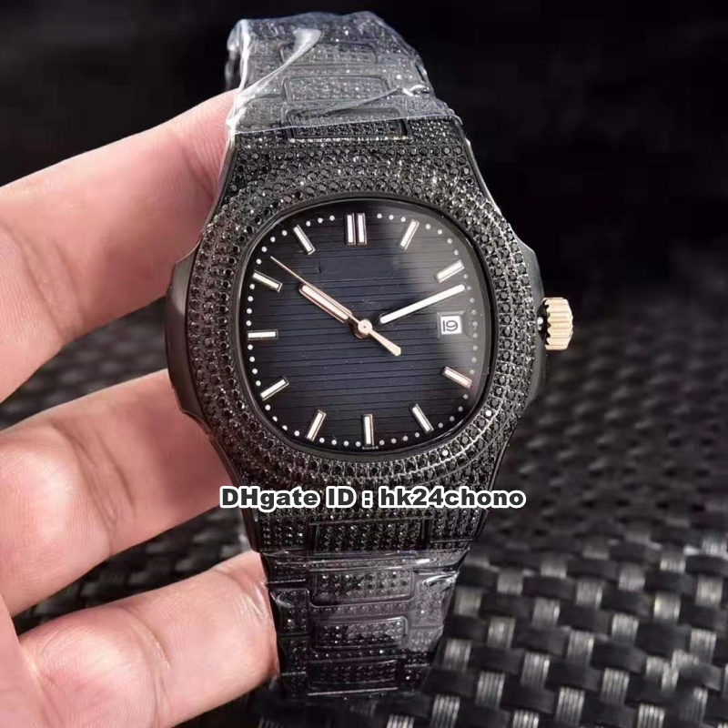 

5 Style Best Nautilus Full Black Diamonds Cal.324 S C Autoamtic Mens Watch 5719 Blue Dial Dense Diamond Bracelet Gents Watches