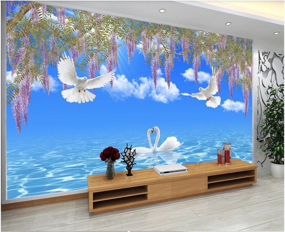 

3D wall covering custom mural wallpaper Hand painted flower vine blue sky sea background wall painting material home decor wall papers, Black
