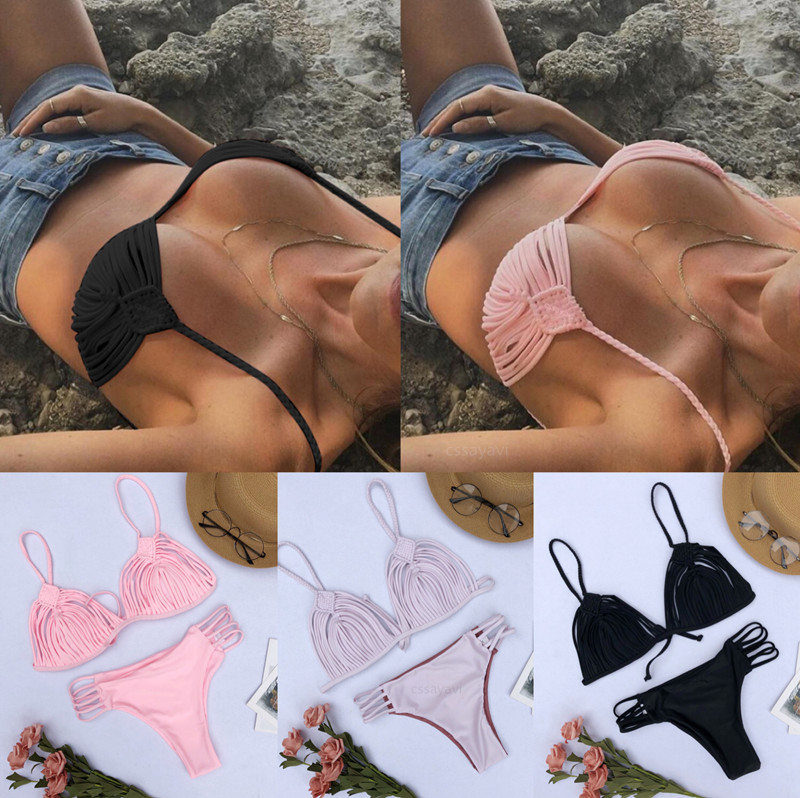 

High quality Hand knit bikini set Women sexy Tassels swimwear Hot solid bathingsuit maillot de bain swimsuit 2018 New biquinis, White;black