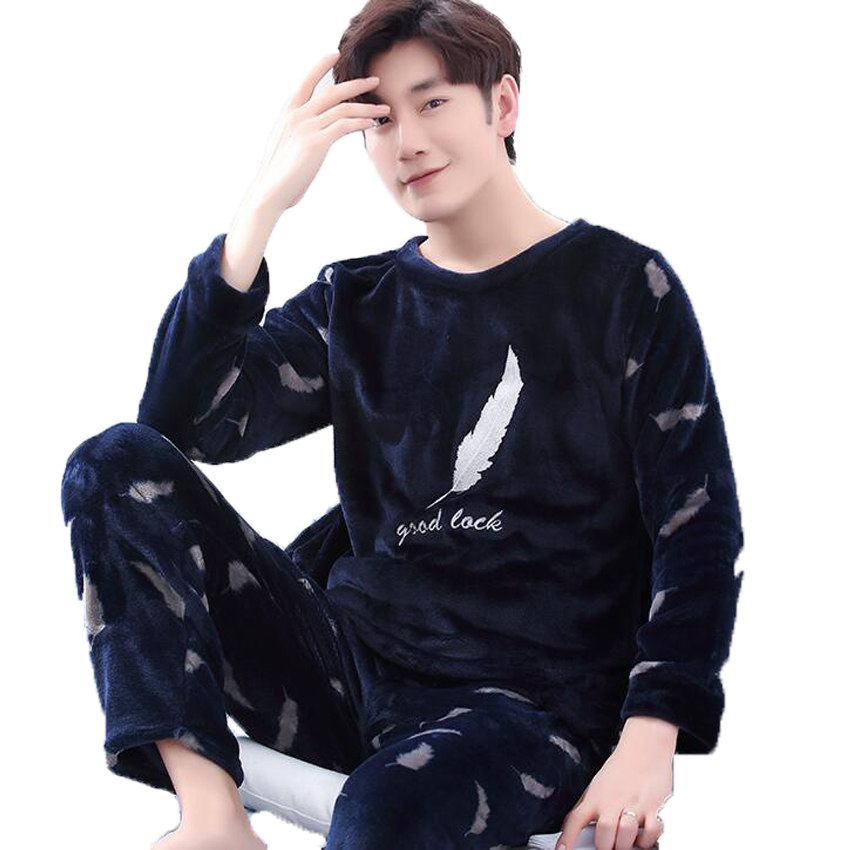 

Winter Pajamas Men Thick Coral Fleece Man Pajamas Sets O-Neck Long Sleeve Pyjamas For Men Sleepwear Warm Male Homewear, Picture color