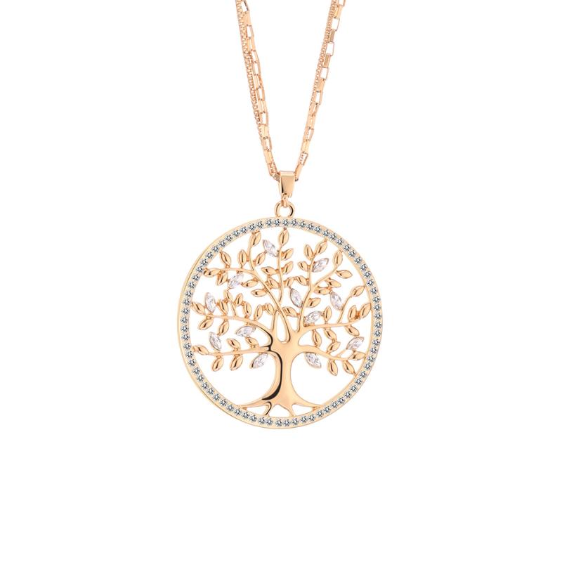 

Golden Tree Of Life Long Necklace for Women Double Layer Chain Stainless Steel Round Pendant Necklaces Fashion Jewelry Accessory