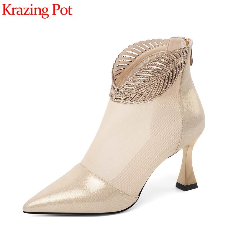 

Krazing pot 2020 new sheep leather air mesh pointed toe high heels modern gentlewome sunscreen breathable ankle summer boots L26, Black