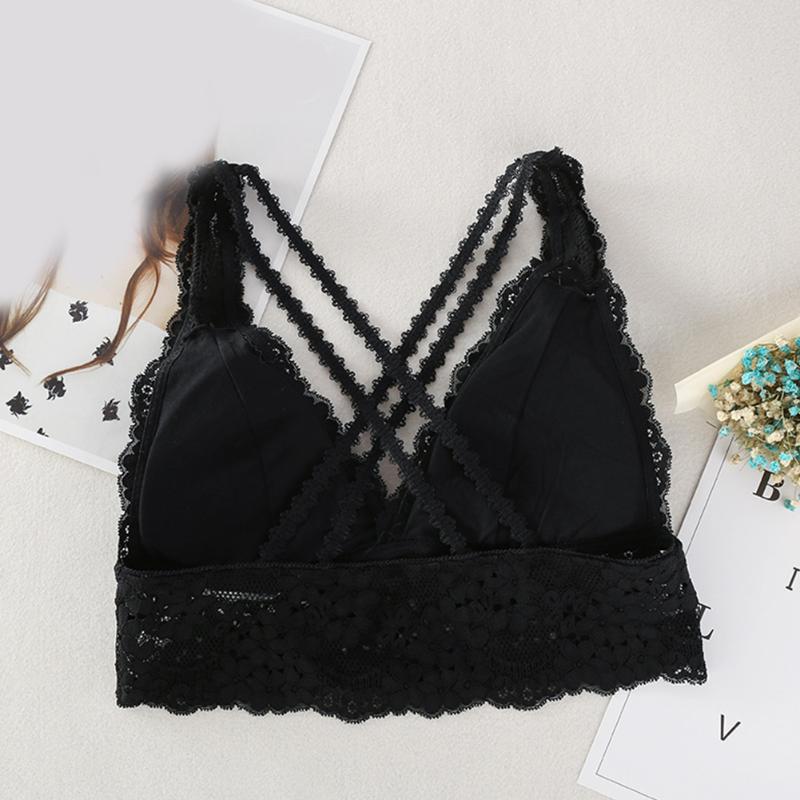 

Sexy Women Bra Spaghetti Strap Lingerie Elastic Push Up Lightweight Lace Triangle Cup Solid Deep V Removable Pad Cross Bandage, White