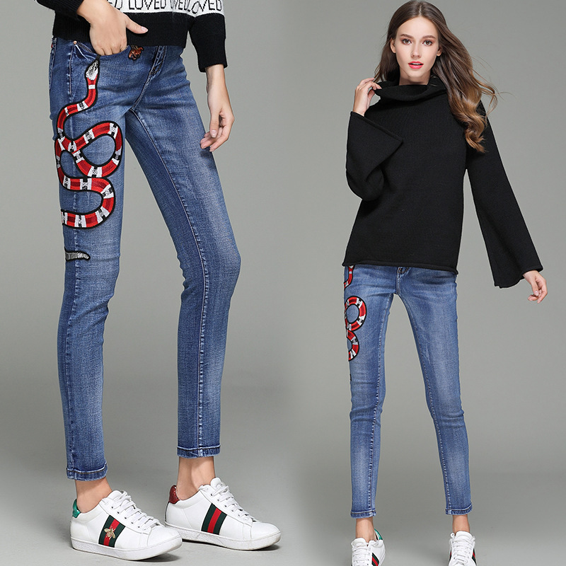 

Womens Designer Jeans Pants Luxury Jeans Pants Famous Model Elegant Fashionable Snake Floral Embroidery New Arrived Trousers High Quality, Blue