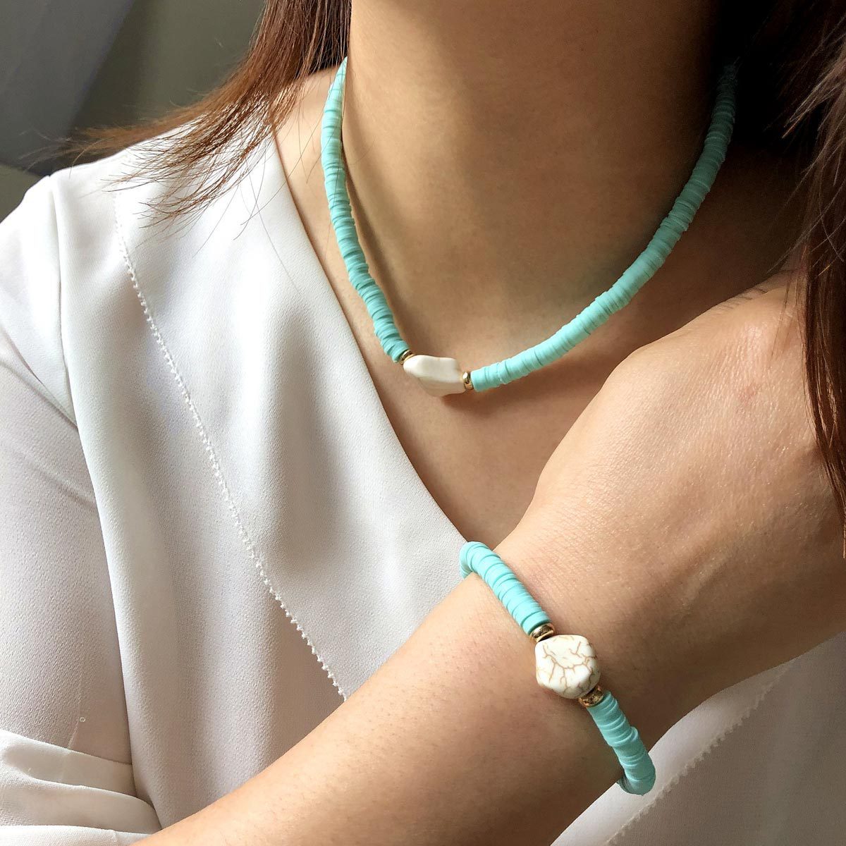

Bohemia color handmade chips soft pottery necklace bracelet two-piece suit women's accessories, Mixed colors