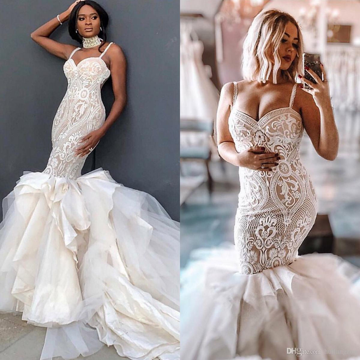 

Plus Size Mermaid Wedding Dresses Sexy Spaghetti Lace Applique Tiered Skirts robe de mariée Gorgeous Beach Wedding Dress Custom Made, Red