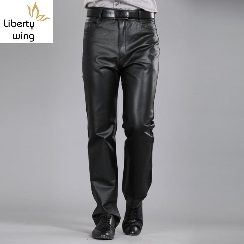 

Casual Pants Men Genuine Leather Winter Streetwear Korean Fashion Fleece Lining Trousers Motorcycle Sheepskin Straight Warm Male, Black normal