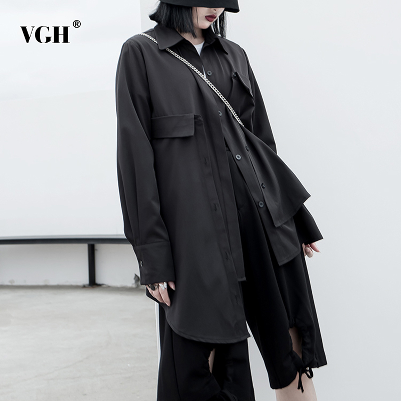 

VGH Elegant Asymmetrical Women Shirt Lapel Collae Long Sleeve Loose Irregulae Hem Vintage Blouses For Female Fashion Clothes New, Black