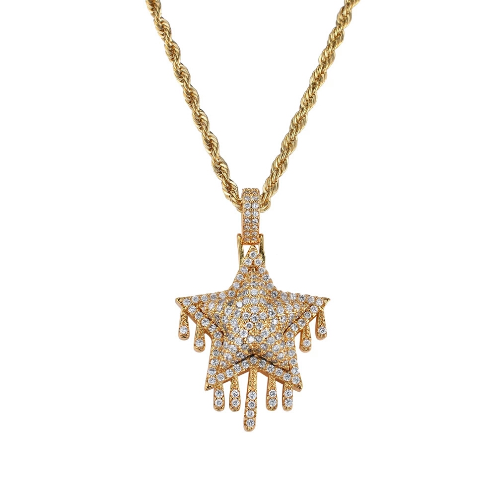 hip hop star diamonds pendant necklaces for men women western luxury tassel necklace real gold plated 3 mm 60 cm Stainless steel twist chain