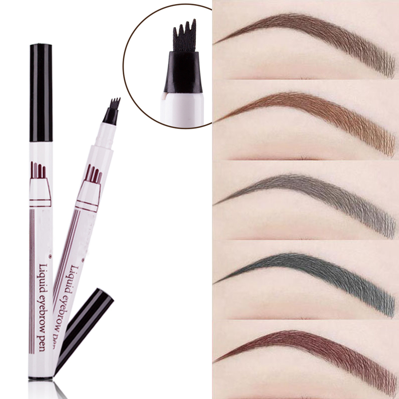 

New Eyebrow Pencil Waterproof Fork Tip Eyebrow Tattoo Pen 4 Head Fine Sketch Liquid Dye Tint Pen, Brown