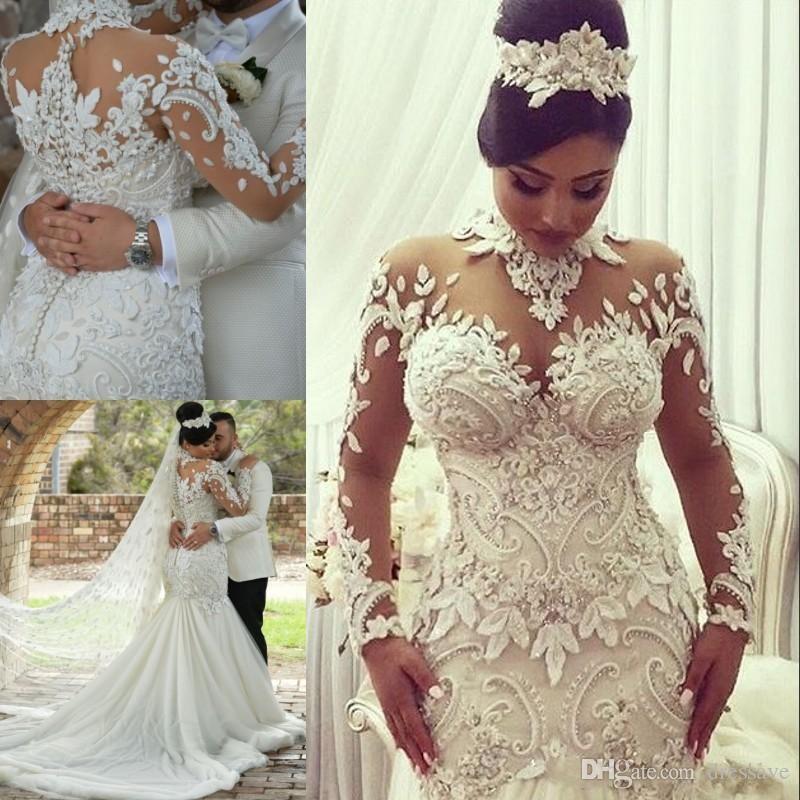

Luxury Crystal Beaded Applique Wedding Dresses Mermaid High Neck Long Sleeves Wedding Gowns Court Train Bridal Dress, White
