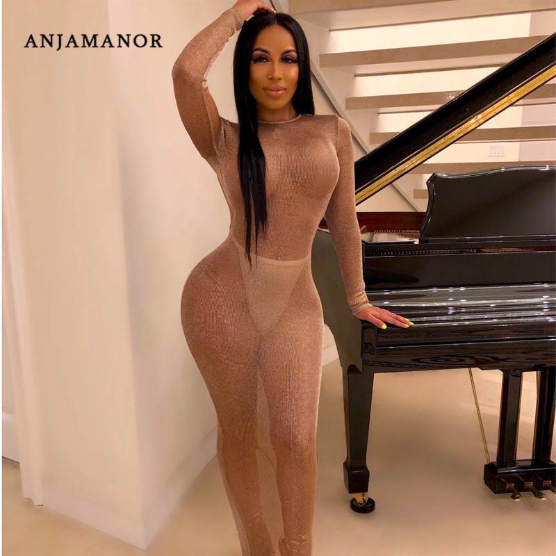 

ANJAMANOR Backless Long Sleeve Maxi Dress See Through Knitted Glitter Fall Bodycon Dresses Woman Party Night Clubwear D36-AA11 T200321, Khaki