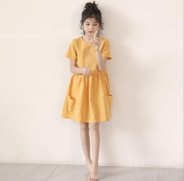

Girl Dresses 2020 Summer Yellow Solid Color Short Sleeve loose Casual Kids Dresses Simple Cute Princess Dress Big Girl Clothing, Orange