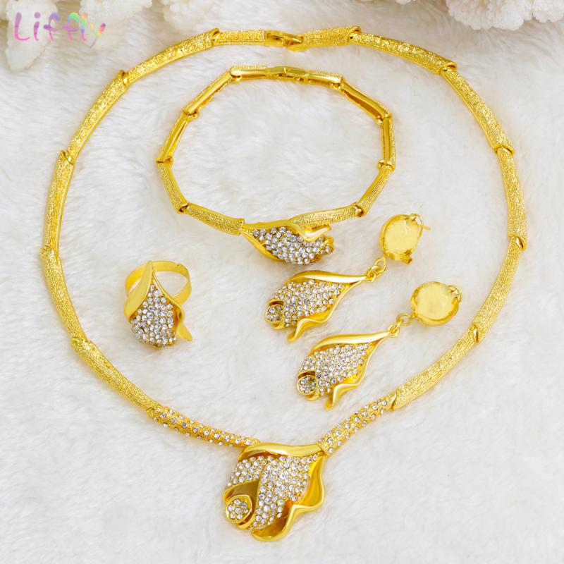 

Liffly Nigerian Bridal Jewelry Set Flower Pendant Necklace Set Dubai Gold Jewelry Sets for Women African Wedding, As pic