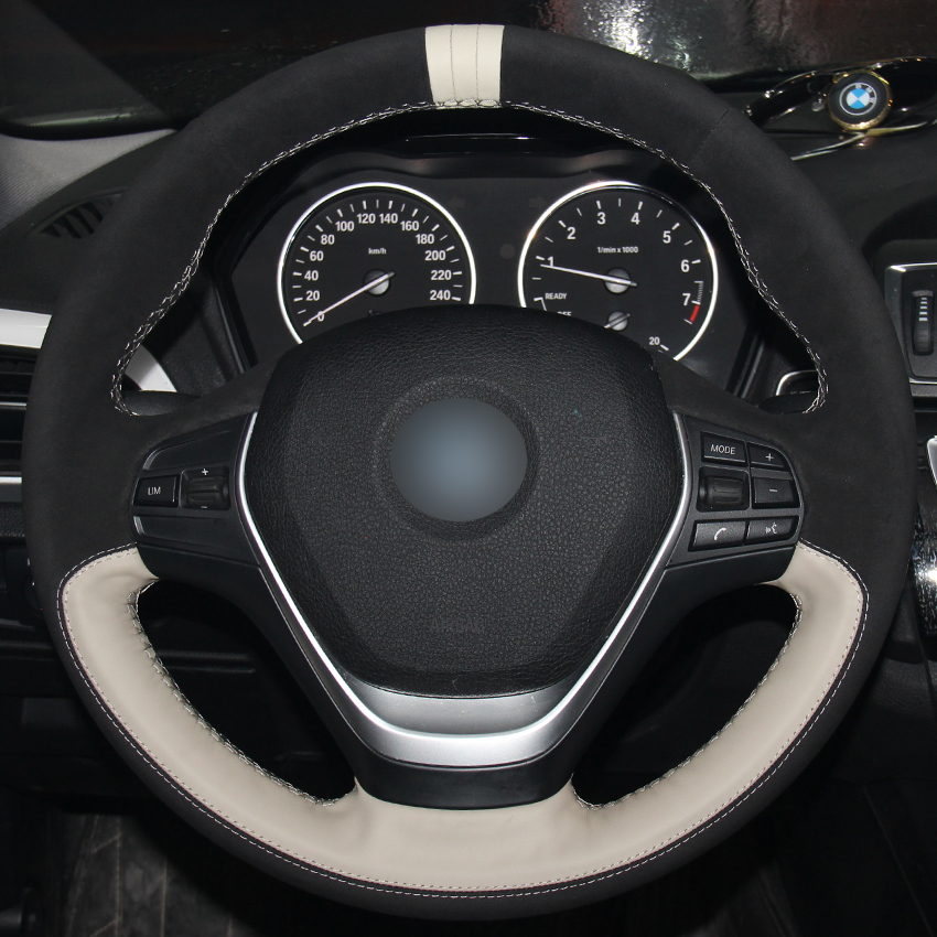 Hand sewing custom White Leather Black Suede White Marker Car Steering Wheel Cover for BMW F30 320i 328i 320d F20-image-552019323