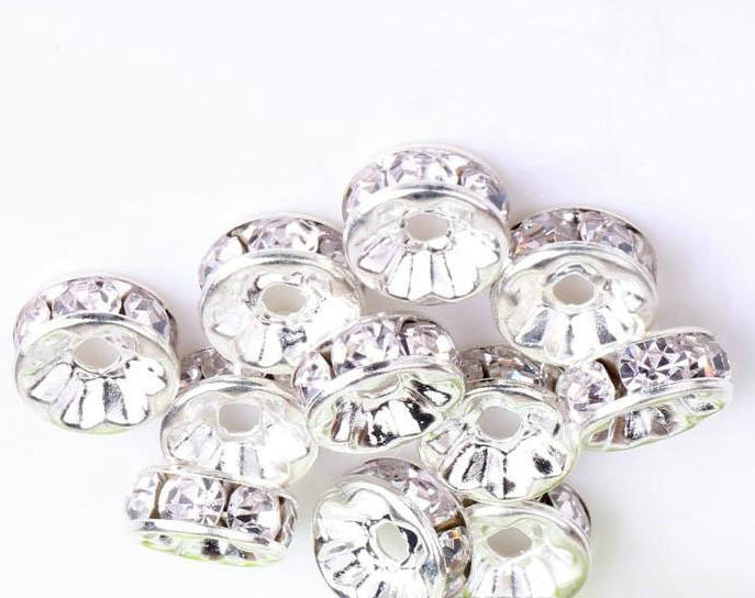 

200pcs/lot clear white 6MM 8MM 10MM RONDELLE Silver Plated Rhinestone Crystal Round Beads Spacers Beads Loose Beads Crystal