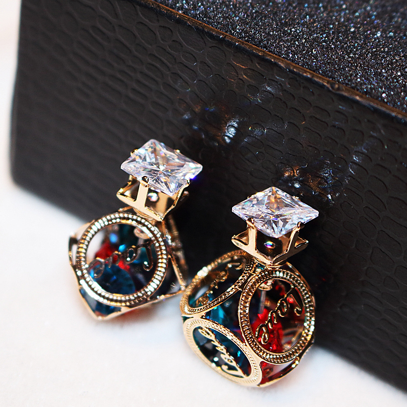 Créateur de mode cage boîte double face coloré diamant cristal super brillant boucles d'oreilles pour femmes filles