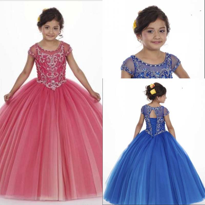 

High Quality Beaded Crystals Royal Blue Girls Pageant Dresses 2020 New Sheer Neck Cap Sleeve Princess Formal Pageant Party Celebrity Gowns, Fuchsia