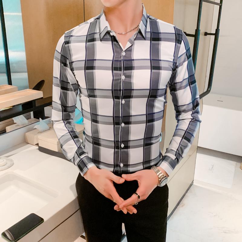 

High Quality Formal Casual Shirts 4XL Korean Men Clothes British Style Check Shirt Men Spring Slim Fit Plaid Shirt Long Sleeve, Gray