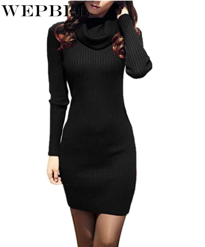 

WEPBEL Long Sleeve Women Sweater Dress Cowl Neck Knit Stretchable Elasticity Slim Fit Sweater Dress, Black