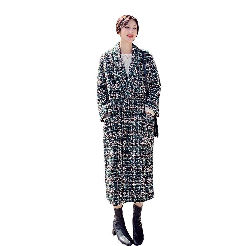 

Women' Wool Overcoat winter fashionable chic long woolen coat retro lazy style tweed lapel concealed plaid trench Cardigan wind jacket, Multi