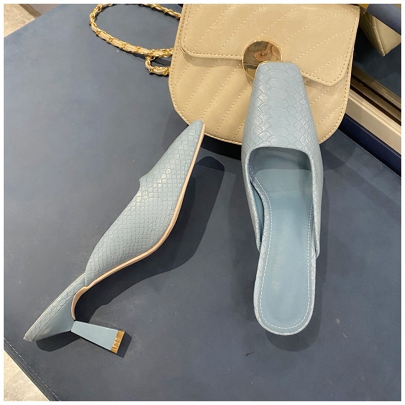 

2020 Designer Women Slippers Square Toe High Heel Casual Shoes Stone Pattern Slip On Mules Spring Outdoor Slides, Beige