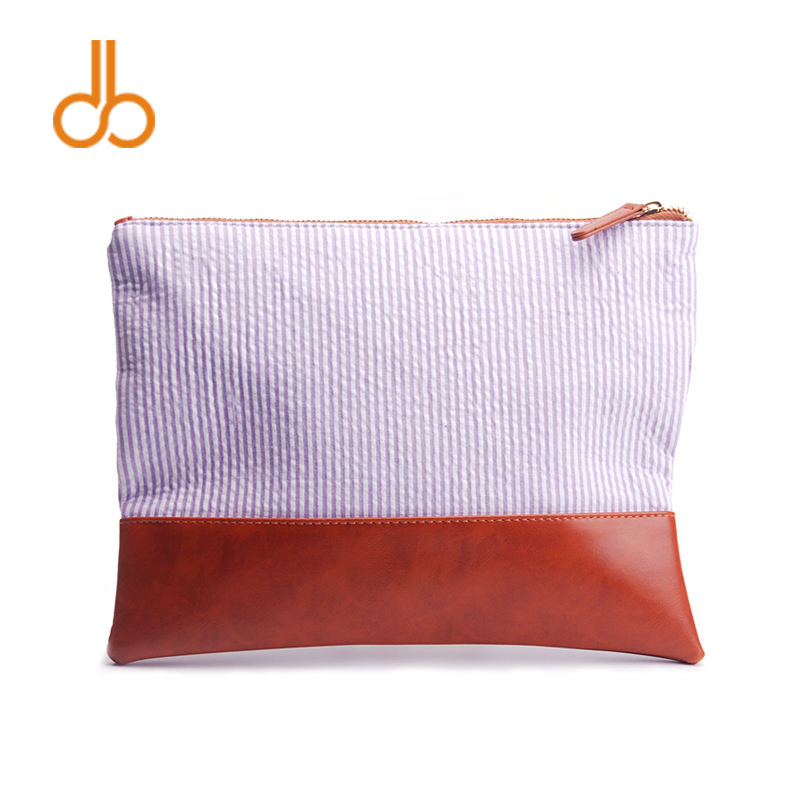 Gros Blanks Seersucker et PU faux cuir Patchwork Sac cosmétique Embrayage avec fermeture à glissière avec livraison gratuite DOM103284