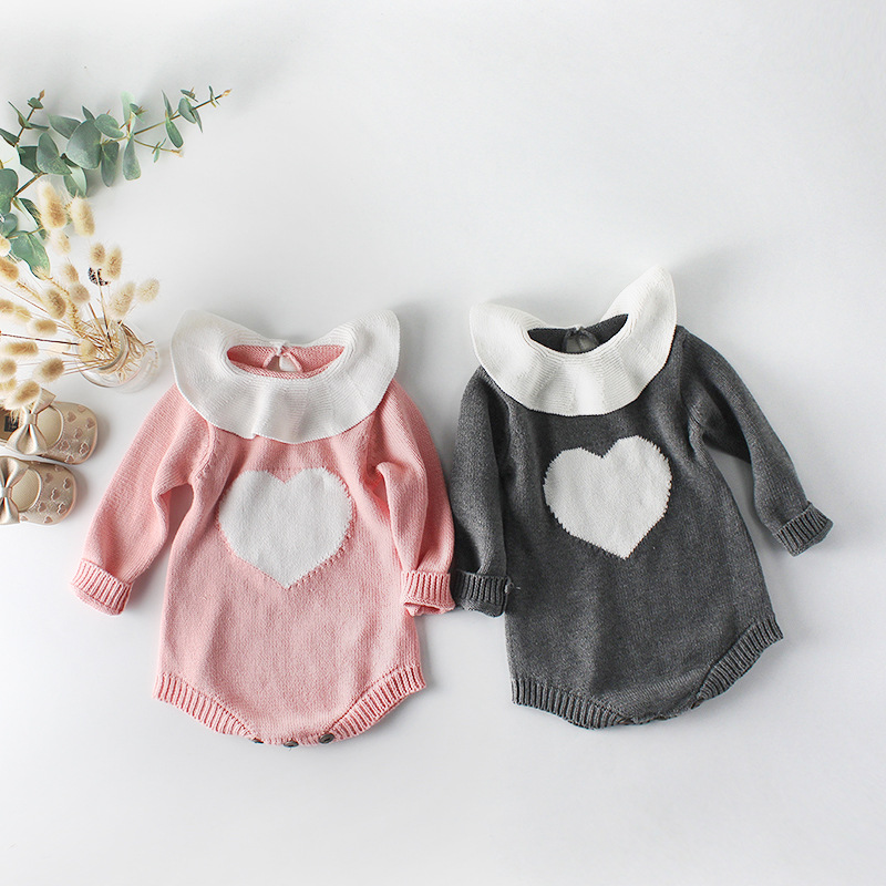 

Ins New cute spring fall infant Kids long sleeve love heart knitted Romper baby Climb 100% cotton high quality ruffles collar romper, As picture