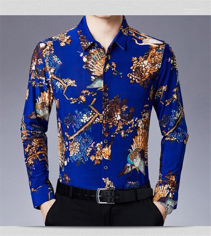 

Chiese Styles Printed Shirt Floral Print Mens Casual Shirt Designer Peacock Fashion Homme Spring Autumn Clothes, White;black