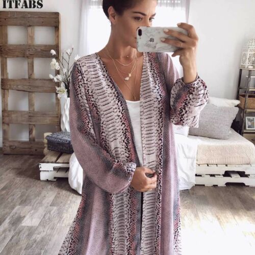 

2019 Autumn Coat Female Womens Long Sleeve Snake Print Chiffon Cardigan Boho Outwear Long Jacket Coat Tops Gown Causual, Multi