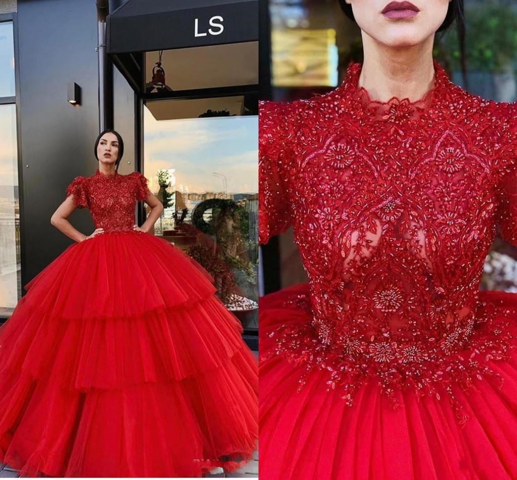 

New Red Quinceanera Dresses High Neck Short Sleeves Lace Appliques Crystal Beads Ball Gown Puffy Tiered Sweet 16 Party Prom Evening Gowns, Champagne
