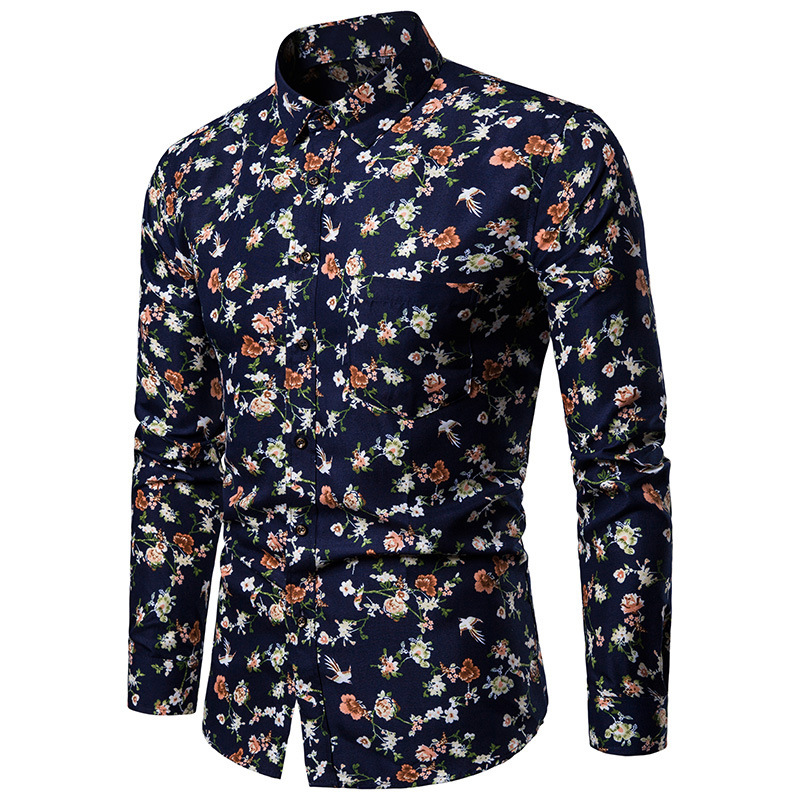 

Autumn Men Slim Floral Print Long Sleeve Shirts Fashion Brand Party Holiday Casual Dress Flower ShirtThe High Quality, Dark blue